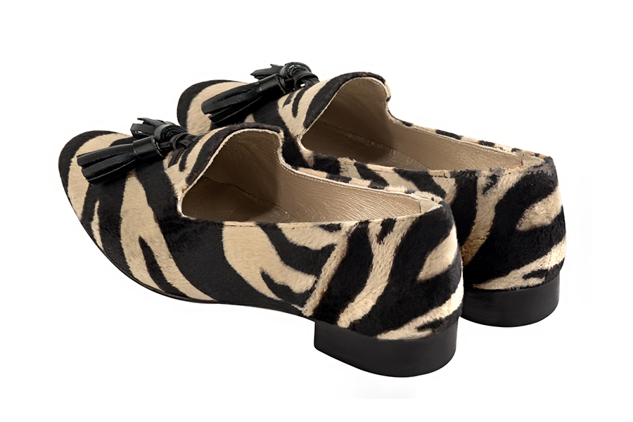 Safari black women's loafers with pompons. Round toe. Flat leather soles. Rear view - Florence KOOIJMAN